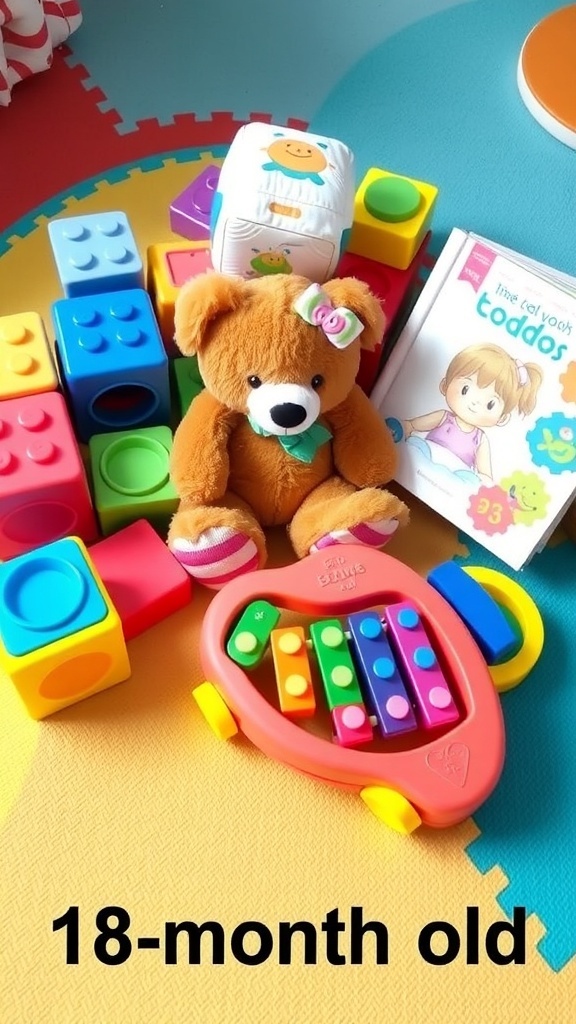 A variety of safe and engaging toys for toddlers, including building blocks, a plush bear, a book, and a xylophone on a colorful play mat.